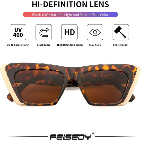 Women Brown Cat Eye Fashion Metal Square Frame Classic UV Protection Sunglasses